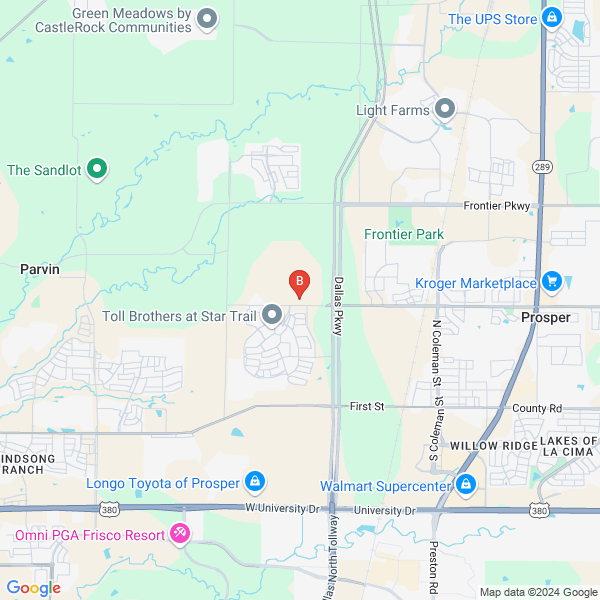 Prosper Custom Pools location map: 1630 W Prosper Trl, Prosper, TX